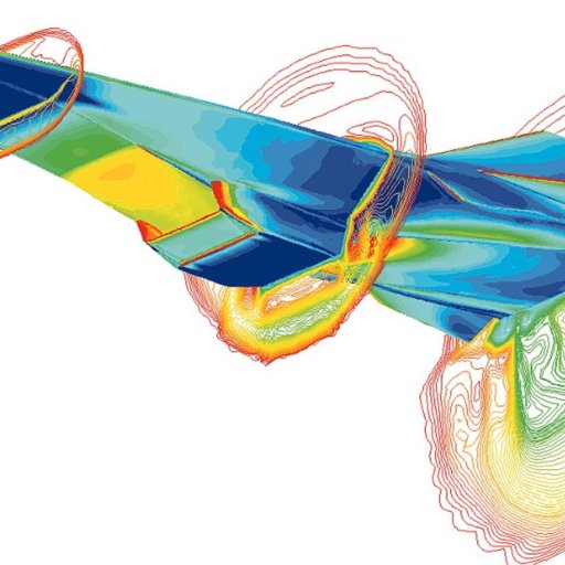 A computer-generated image shows the airflow patterns around a streamlined aircraft, highlighted in various colors to depict different airflow intensities.