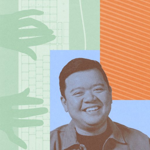 A person smiling in a stylized collage with a keyboard, hands, and orange diagonal stripes in the background.