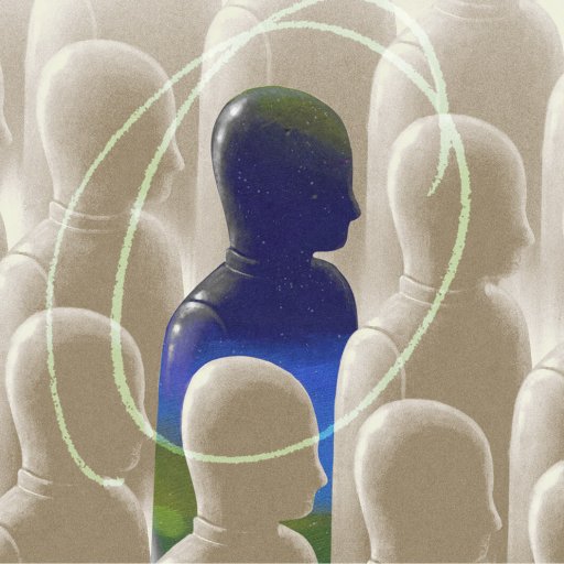 A group of identical, featureless figures with one central figure colored dark blue and green, surrounded by swirling lines.