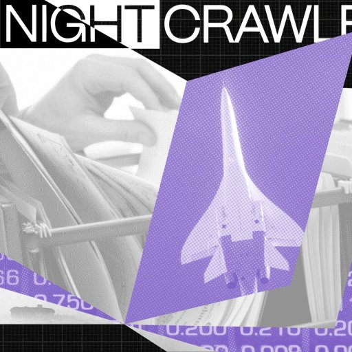 Collage featuring a hand filing papers, an airplane, and numerical data on a grid background. Text reads "The Night Crawler: A Journey for Investigative Investors.