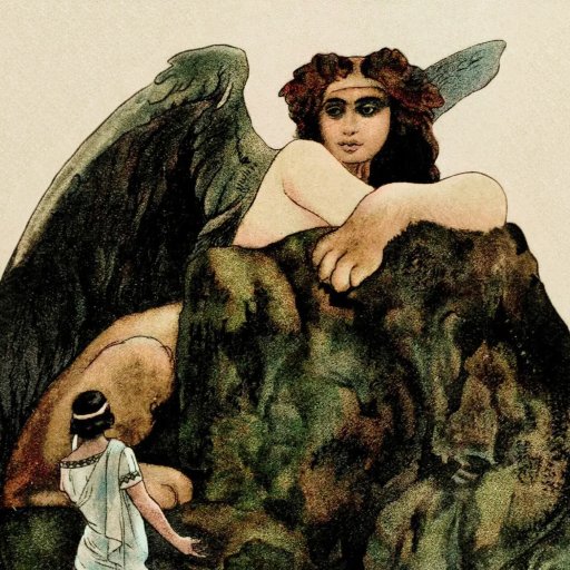 A woman in white approaches a large, winged creature with a human face—an embodiment of ancient archtypes—partially hidden behind a rock in a mountainous landscape.