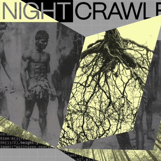 Collage featuring "THE NIGHTCRAWLER" text, a black-and-white photo of a person, tree roots reminiscent of smart forests, and code fragments, all overlaid on a gray grid background.