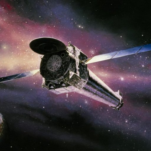 A satellite with large solar panels orbits above Earth against a colorful space background, where the cosmic clouds resemble the Hand of God carved by a dead star.