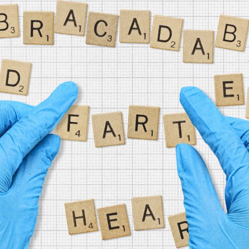 Gloved hands arrange Scrabble tiles on a grid, forming the words "ABRACADABRA," "FART," "HEART," "SHIT," "BIRD," and "LAST.