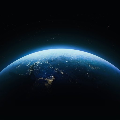 The Earth is partially illuminated against a dark space background, showing glowing city lights and a blue atmosphere.