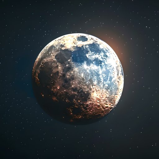 A detailed image of the moon with visible craters and surface textures, set against a dark sky filled with numerous stars.
