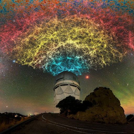 A telescope beneath a colorful, abstract visualization of the universe, with a starry night sky in the background.