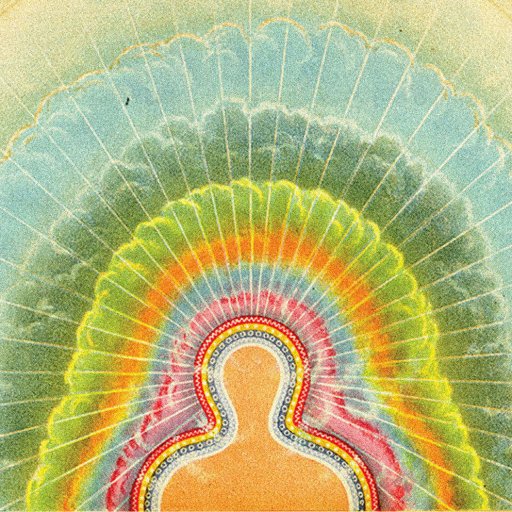 Colorful abstract depiction of a human silhouette surrounded by layered, radiant patterns in various colors against a textured background.