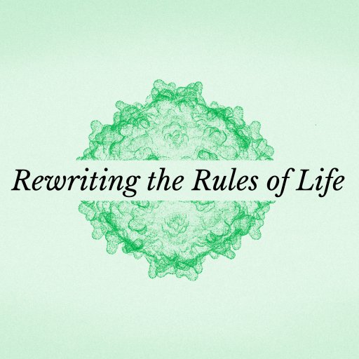 Green decorative geometric shape with the text "Rewriting the Rules of Life" written in black serif font across the center on a light green background.