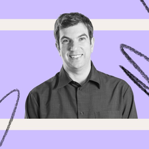 Man in a dark shirt smiling against a purple background with black scribbles and a white rectangle, reminiscent of "The Year of Living Biblically," embracing the chaos with serene humor.