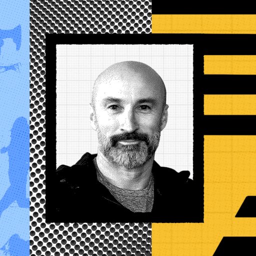 A black and white photo of a bald man with a beard, reminiscent of a Christian Toetzke interview, is centered against a colorful abstract background featuring blue, yellow, and black geometric patterns.