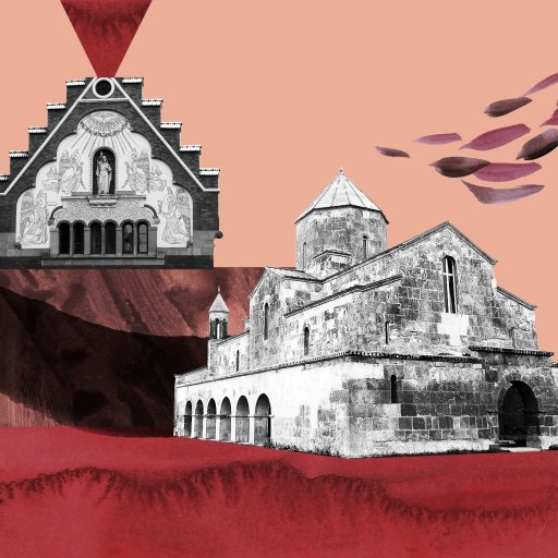 a painting of a building with a red sky in the background.