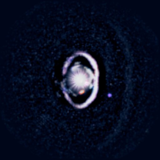 A bright, circular object with concentric rings and a surrounding halo set against a dark background, resembling a gap-clearing planet or other astronomical phenomena.