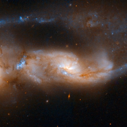 Two peculiar galaxies collide in deep space, forming bright clusters and swirling dust clouds—a striking scene that reveals the beauty and violence of the cosmos against a dark background.