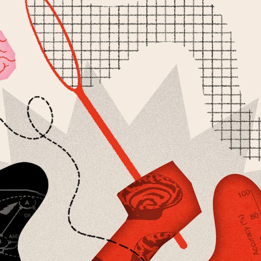 Abstract collage with a butterfly, brain sketches, graphs, and scientific diagrams overlaid with red, black, and beige shapes and textured patterns.