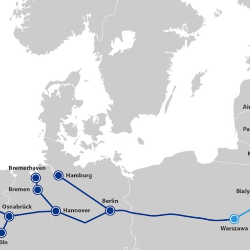 Map displaying a rail route from Helsinki to Bruxelles, passing through cities like Tallinn, Riga, Warsaw, Berlin, and Hamburg. Northern and Central Europe countries are labeled.