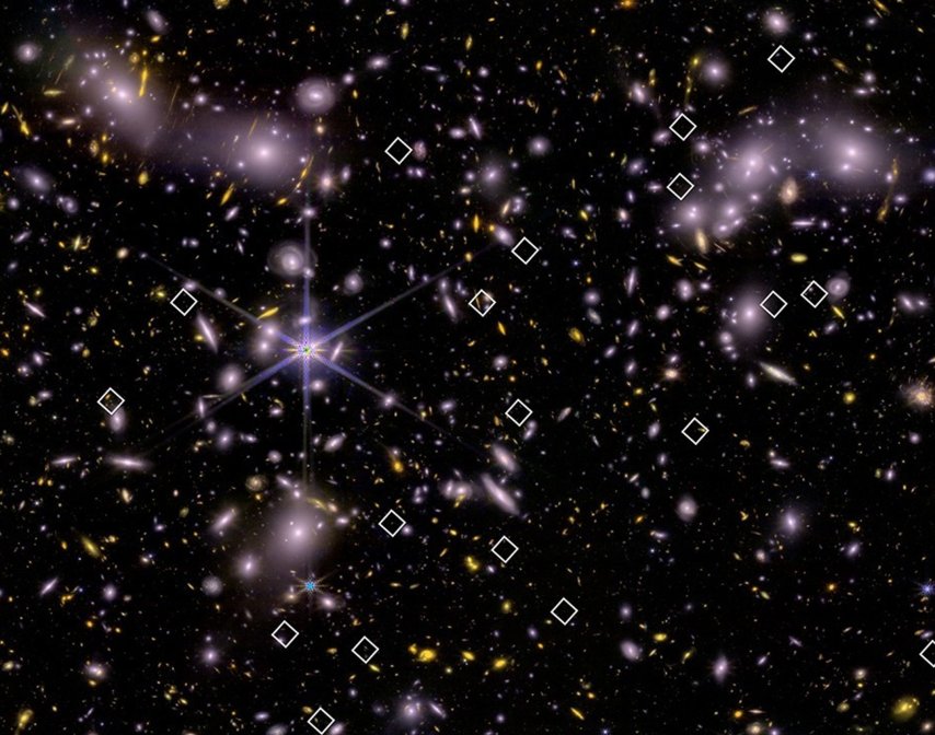 A dense star field and distant galaxies with bright galaxy clusters and several white squares highlighting specific points in the image.