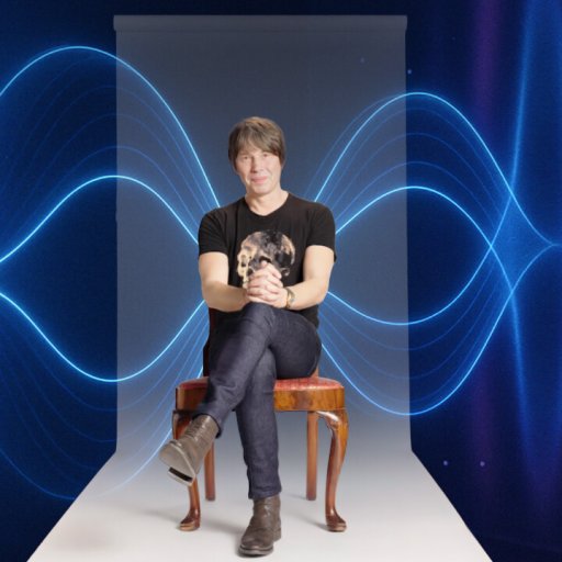 A person sits on a chair with hands clasped, facing forward. Blue waveforms and dots form a digital backdrop behind them.