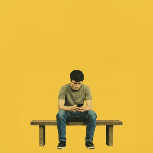 A person sits alone on a bench against a yellow background, looking down at a smartphone.