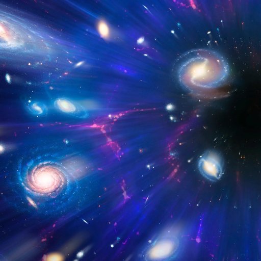 Illustration of multiple spiral galaxies and stars being pulled toward a central black hole in deep space, with blue and purple light streaks tracing the motion along a dark energy curve that shapes the universe.