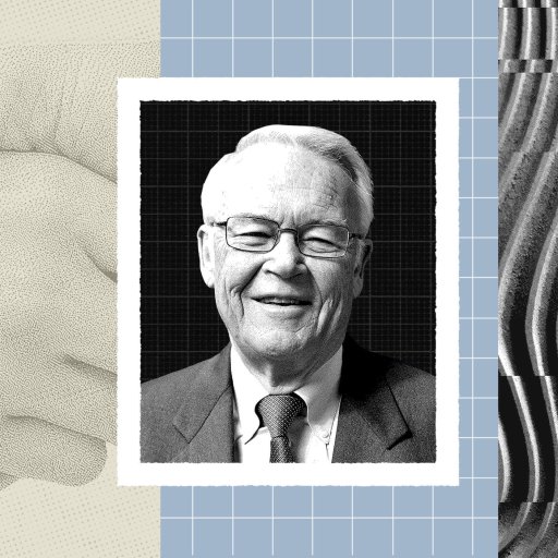 Black and white portrait of David Aaker, an older man in a suit and glasses, centered between artistic backgrounds of a handshake, grid, and abstract curved lines.