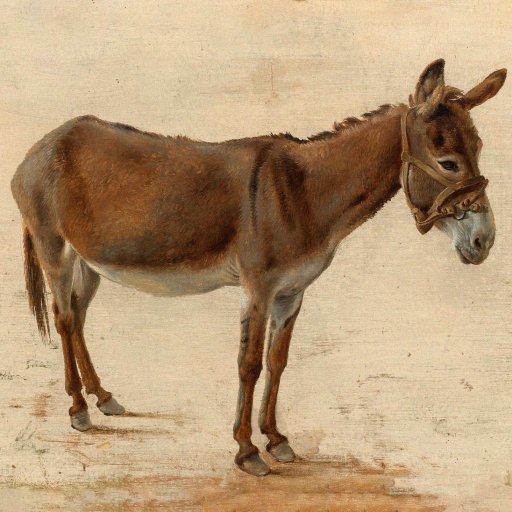 A realistic painting of a brown donkey with a bridle, standing on a light-colored ground, viewed from the side.