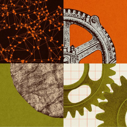 Abstract collage with network nodes, a vintage gear, a textured gray circle, and green gears on a graph background, divided into four colored quadrants.