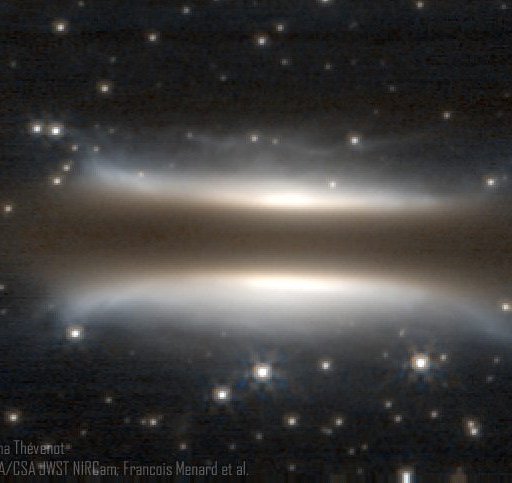 A distorted galaxy with two bright, horizontal bands and scattered stars, seen against a dark background. Image credit: NASA/ESA/CSA.