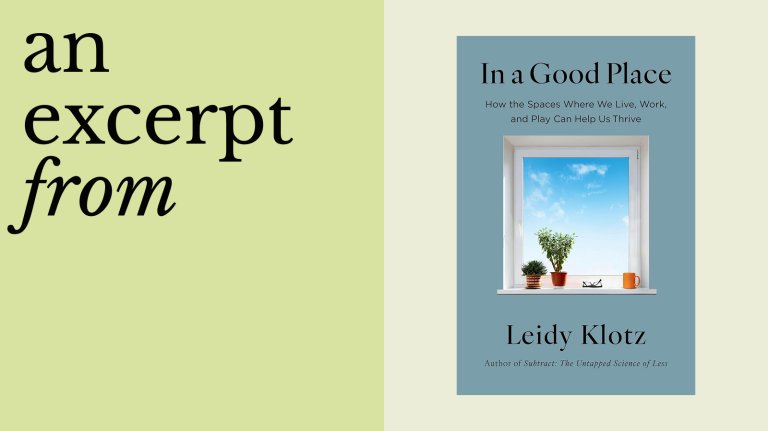 Book cover of "In a Good Place" by Leidy Klotz featuring a window with potted plants and a mug, reflecting the calm, inviting vibe suggested by the title, next to text reading "an excerpt from" on a green background.