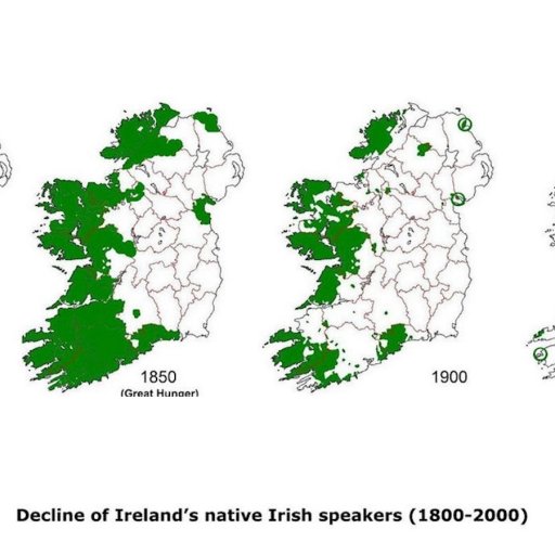 Four maps of Ireland from 1800, 1850, 1900, and 2000 show a steady decline in areas where Irish is spoken natively, marked in green, nearly disappearing by 2000.