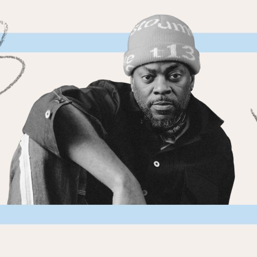 A man wearing a beanie and dark clothing sits with one arm resting on his knee, inside a blue rectangular frame on a light background with abstract lines, embodying the cool, thoughtful vibe of King Willonius.