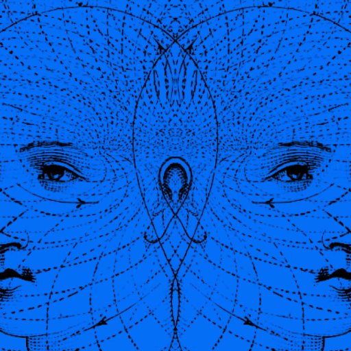 Two mirrored human faces with dotted lines and patterns radiating outward, set against a solid blue background, suggesting connectivity or symmetry.