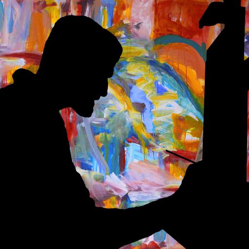 Silhouette of a person creating art at an easel, with a colorful abstract painting in the background.