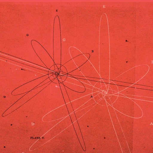 A red-orange background with atom-like scribbles