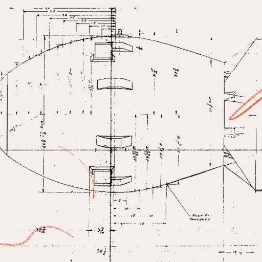 Technical drawing of an oval-shaped mechanical object with measurements and annotations, overlaid with orange scribble lines, subtly hinting at themes of colonial propaganda.
