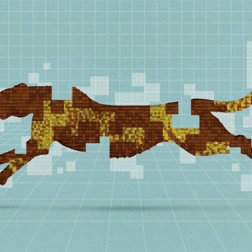 A pixelated silhouette of a leaping cheetah, inspired by d/acc aesthetics, appears to disintegrate into square particles against a blue grid background.