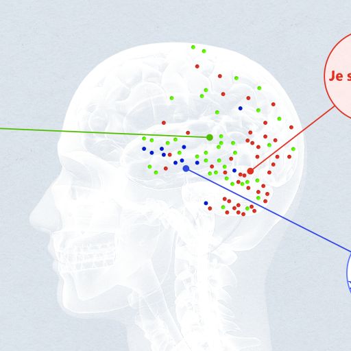An illustration showing a side view of a human brain with colored dots representing neurons and text excerpts in three languages in circular insets.