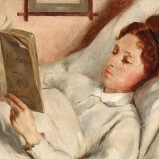 A person lies in bed reading a book, wearing a white blouse, in a painting with soft, muted colors.