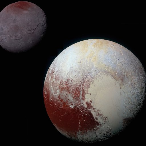 A color-enhanced image shows Pluto planet in the foreground with its moon Charon in the background, both set against a black space backdrop.