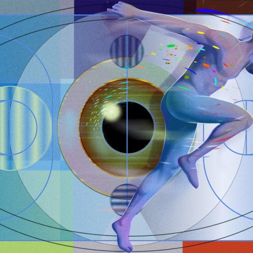 A stylized human figure runs in front of a large, abstract eye, with geometric shapes and colorful patterns in the background.