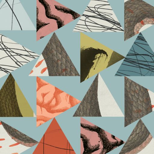 A pattern of multicolored triangles with various abstract textures and designs on a muted blue background evokes the resilience paradox, balancing vibrancy and calm in a harmonious display.