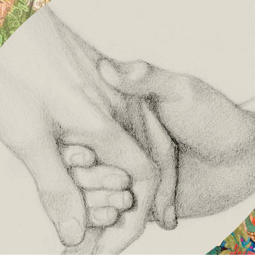 Pencil drawing of an adult hand holding a child's hand, surrounded by colorful, illustrated borders with various faces and map elements.