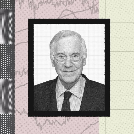 Black-and-white portrait of Steve Hanke, an older man in a suit and glasses, centered on a background with graph lines and dotted patterns.