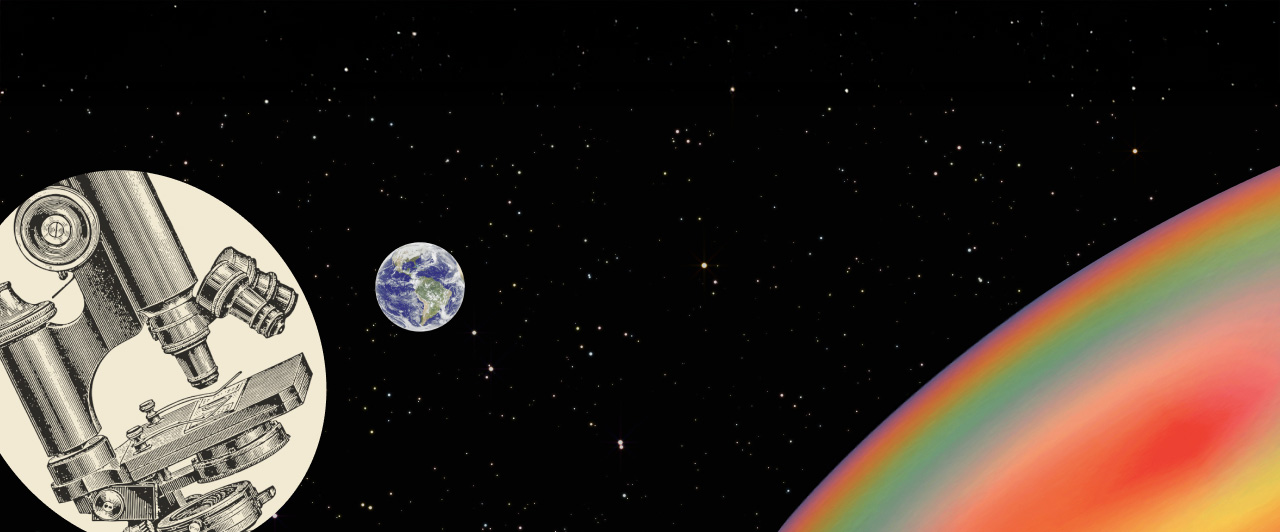 A microscope, Earth, and a colorful arc appear against a starry black space background.