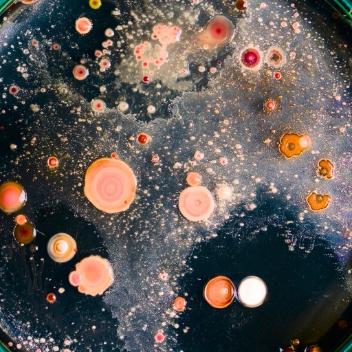 A petri dish containing various colorful bacterial colonies growing on agar, viewed from above against a dark background.