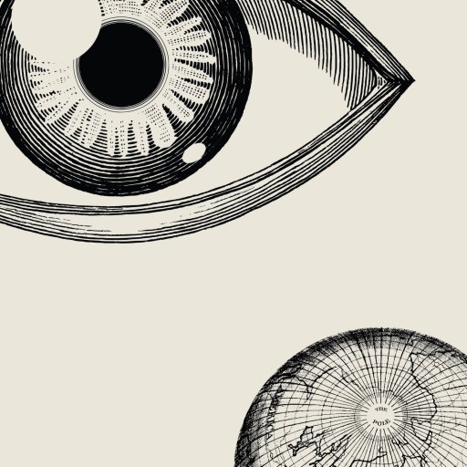 Black and white illustration of a stylized human eye in the top left and a detailed depiction of an eyeball’s internal structure in the bottom right on a beige background.