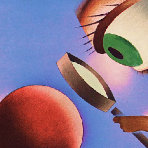 A stylized illustration of a large eye closely observing a red sphere through a magnifying glass against a blue background.