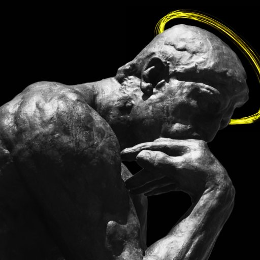 A grayscale photo of the sculpture "The Thinker" with a digitally added yellow halo above its head, set against a black background.
