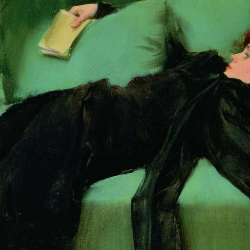 A woman in a black dress lies on a green sofa, holding a closed book in one hand, resting with her eyes closed.