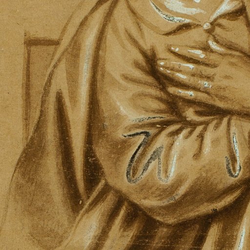Close-up of a sepia-toned drawing showing a person with crossed arms, wearing a robe with highlights, against a background with a partial view of a stone wall.